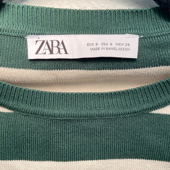 Zara Long Sleeve Green White Striped Crop Crew Neck Stretch Knit Sweater Size S - Picture 5 of 7